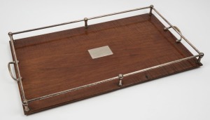 An Australian fiddleback blackwood serving tray with nickel plated gallery, early 20th century, ​​​​​​​62cm across the handles