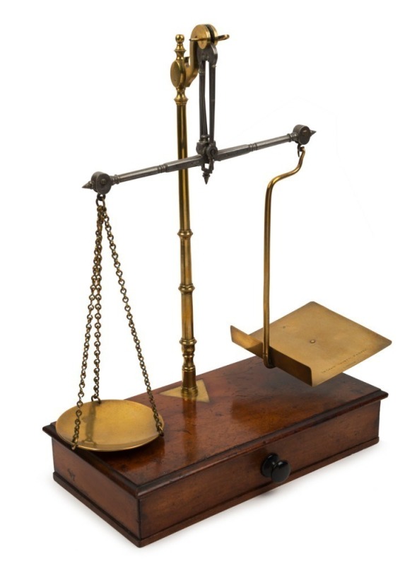 Antique Post Office scales with brass letter pan, by DE GRAVES, SHORT & FANNER of London, 19th century, with accompanying weights, 44cm high