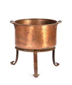 Copper pot on wrought iron stand, 20th century. Height in total 59cm, width 60cm