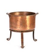Copper pot on wrought iron stand, 20th century. Height in total 59cm, width 60cm