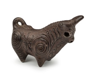McLAREN brown glazed pottery bull statue, incised "McL", 10cm high, 14cm long