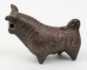 McLAREN brown glazed pottery bull statue, incised "McL", 10cm high, 14cm long - 2