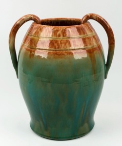 BENNETTS POTTERY green and brown glazed vase with two handles, incised "Bennetts, Adelaide", 35cm high, 30cm wide