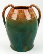 BENNETTS POTTERY green and brown glazed vase with two handles, incised "Bennetts, Adelaide", 35cm high, 30cm wide - 2