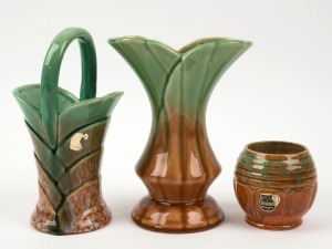 DIANA POTTERY basket and two vases in the Art Deco style, the largest 19cm high