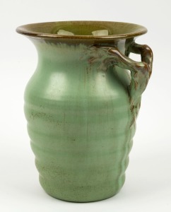 REMUED green glazed pottery vase with applied branch handle, incised "Remued, 196/9", 23cm high