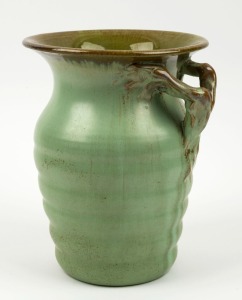REMUED green glazed pottery vase with applied branch handle, incised "Remued, 196/9", 23cm high