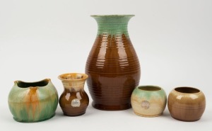 REMUED five assorted brown and green glazed pottery vases, the largest 24cm high