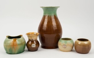 REMUED five assorted brown and green glazed pottery vases, the largest 24cm high