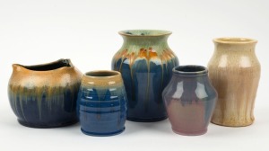 REMUED five assorted pottery vases with blue, mauve and cream glazes, the largest 13cm high