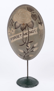 "FORGET ME NOT" antique emu egg with carved scene of Aboriginal hunting kangaroos, circa 1900, ​12cm high