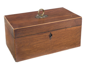 An early Colonial tea caddy, casuarina beefwood with remains of a cedar escutcheon and some pine secondaries, early 19th century. 15.5cm high, 30.5cm wide, 15.5cm deep