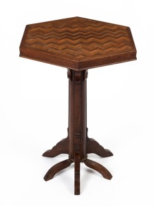 An Australian Arts & Crafts hexagonal occasional table inlaid with specimen timbers, early 20th century, ​​​​​​​63cm high, 43cm wide, 43cm deep