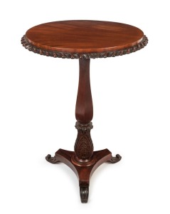 WILLIAM HAMILTON, important Colonial Australian cedar wine table, solid book-matched flame cedar top, handsomely carved with crisp dragooned edge, and finely carved column, standing on a platform base with Hamilton's signature scroll over feet, circa 1845