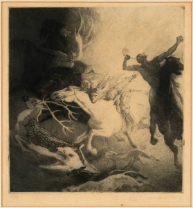 NORMAN LINDSAY (1879-1969), (the hunt), etching, signed lower right "Norman Lindsay", 25 x 24cm, 42 x 46cm overall