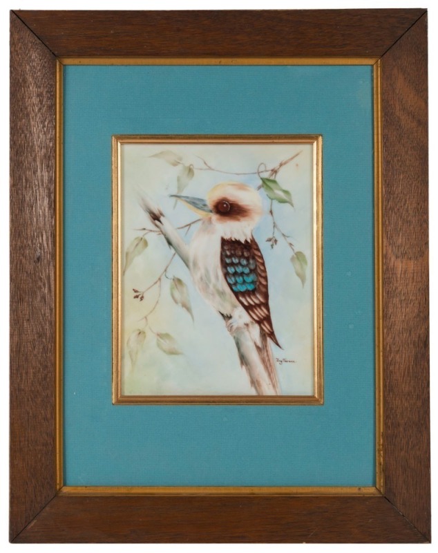 A painted porcelain kookaburra plaque, signed "JOY FARNAN", ​​​​​​​50 x 40cm overall