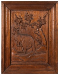 An Australian folk art framed panel with carved kangaroo in landscape, early to mid 20th century, 50 x 39cm overall