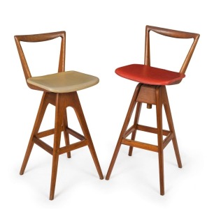 T. H. BROWN pair of vintage revolving bar chairs, South Australian origin, mid 20th century. (One damaged and repaired), the larger 94cm high 