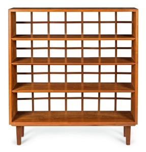 SCHULIM KRIMPER (1893-1971) vintage Australian open front teak bookcase with woven teak strap back and adjustable shelves, mid 20th century, 120cm high, 107cm wide, 24cm deep