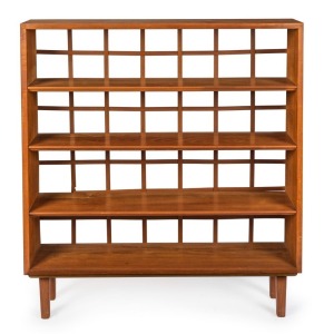 SCHULIM KRIMPER (1893-1971) vintage Australian open front teak bookcase with woven teak strap back and adjustable shelves, mid 20th century, 120cm high, 107cm wide, 24cm deep