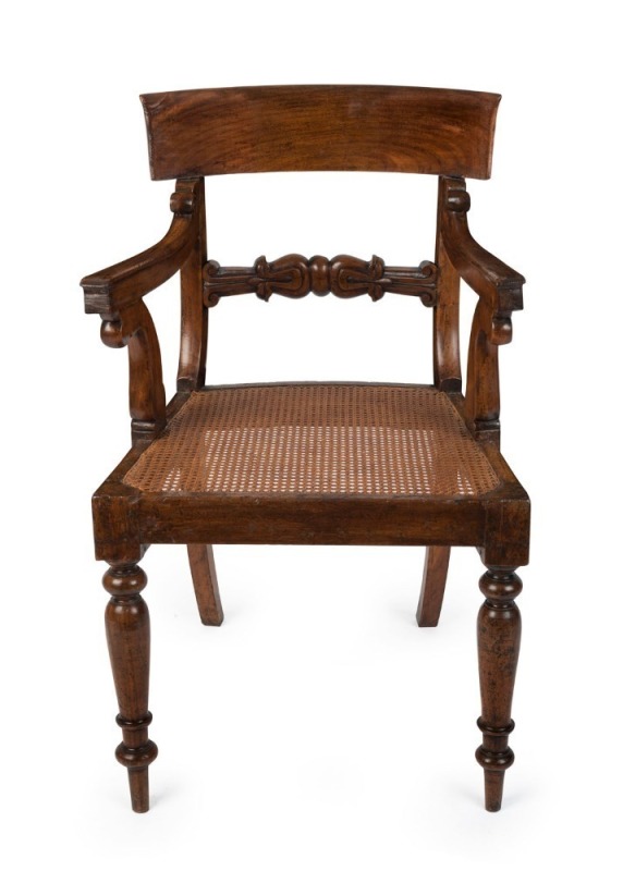 A fine antique Colonial cedar carver chair with turned legs, in the Regency style, early 19th century. 87cm high, 54cm across the arms. ​​​​​​​PROVENANCE: The Toby and Juliana Hooper Collection, Melbourne