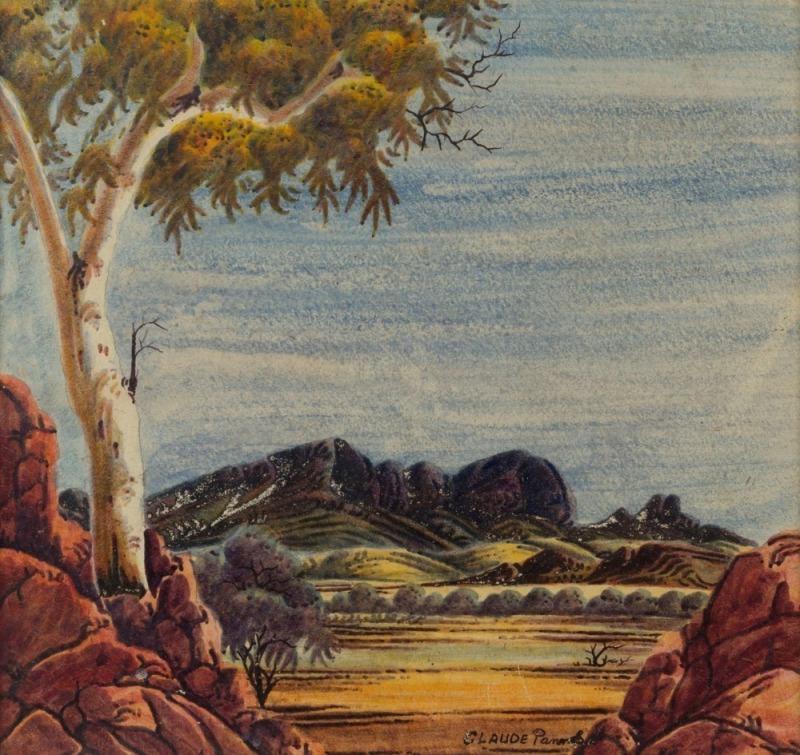 CLAUDE PANNKA (1928 - 1972) (Valley with gum tree on left), watercolour, signed lower right, 45 x 47cm; framed 57 x 59cm Provenance: Leonard Joel, The Sunday Art Sale, Melbourne, 29/08/2010, Lot No. 72.