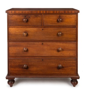 An antique Colonial Australian cedar chest of five drawers with cross banded edge and cedar secondary timbers, circa 1850. From the estate of Hamilton Hume, thence by descent. 120cm high, 119cm wide, 52cm deep