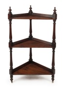 An antique Colonial Australian cedar and pine corner wotnot with three tiers, circa 1850, ​​​​​​​126cm high, 74cm wide, 40cm deep