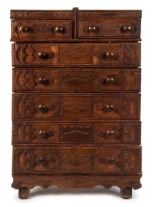 An Australian tramp art chest of drawers, cedar and pine, 19th century, rare,  133cm high, 89cm wide, 43cm deep