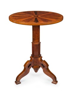 SCHRAMM spectacular Australian sample wood wine table handsomely crafted in blackwood, late 19th century, ink stamp and impressed mark to the underside "A. SCHRAMM CABINET MAKER 80 WESTGARTH STREET FITZROY EUROPEAN LABOR ONLY", 79cm high, 61cm diameter