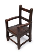 A rustic folk art child's size carver chair, stained pine, Barossa Valley, South Australia, 19th century,  69cm high, 42cm across the arms