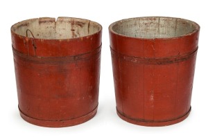 A pair of metal bound timber buckets of coopered construction with metal strapping, 19th century,  ​​​​​​​the larger 31cm high, 31cm diameter