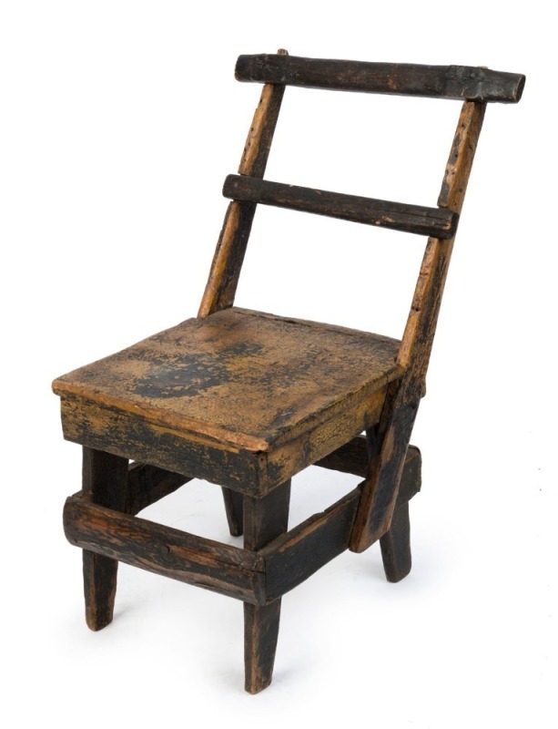 An antique Australian folk art timber chair with remains of yellow painted finish, 19th century,  75cm high, 49cm across the back