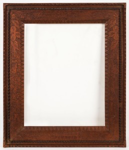 An antique Australian folk art picture frame with pokerwork decoration and Christmas inscription, 19th century,  71cm x 60cm, internal 55cm x 43cm 