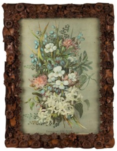 An antique Australian leather work folk art picture frame, housing a colour lithograph titled "Australian Wildflowers", 19th century,  ​​​​​​​69cm x 52cm overall 
