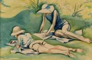 HAROLD FREDERICK (WEAVER) (RAOKIN) HAWKINS (1893 - 1977), On the lawn, watercolour on paper, signed "Raokin" and dated 1941 lower left, 31 x 47cm.