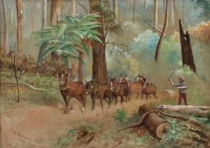 A. MILLWARD, (Hauling logs in the bush), watercolour on artists board, signed and dated 1924 lower left, 26 x 37cm; in a Caldecutt frame 41 x 51cm.