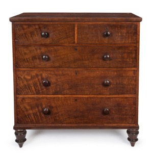 An early Australian chest of five drawers, handsomely selected cuts of ribbon and fiddleback cedar on pine, unusual conical turned legs, Tasmanian origin, circa 1830s, 109cm high, 103cm wide, 52cm deep