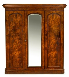 W. H. ROCKE Co. (Melbourne) antique birdseye huon pine three door wardrobe, Melbourne origin, circa 1875, 231cm high, 198cm wide, 61cm deep