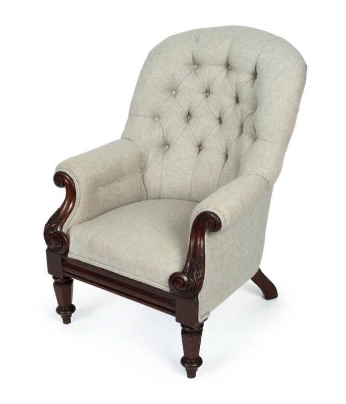 An antique Colonial Australian cedar easy chair with fine carved decoration and facetted hexagonal form legs, Sydney origin, circa 1840s