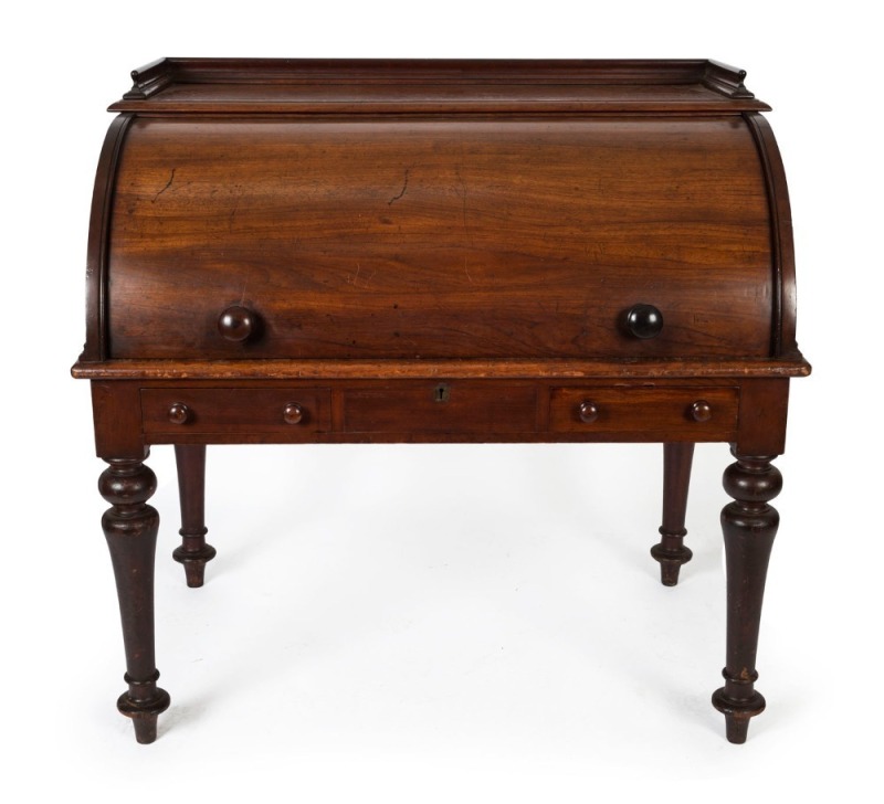 BALLARAT BANK antique Australian cedar cylinder top desk with fitted interior, Sydney origin, circa 1865, 113cm high, 117cm wide, 75cm deep