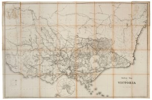 Huge and impressive RAILWAY MAP OF VICTORIA, Scale: 8 MILES to 1 INCH, divided into 32 sections backed on to linen which fold into an attractive black leather cover with gold embossed lettering "RAILWAY MAP OF VICTORIA, C.E. OLIVER, ENG. IN CHIEF, M.M.B. 