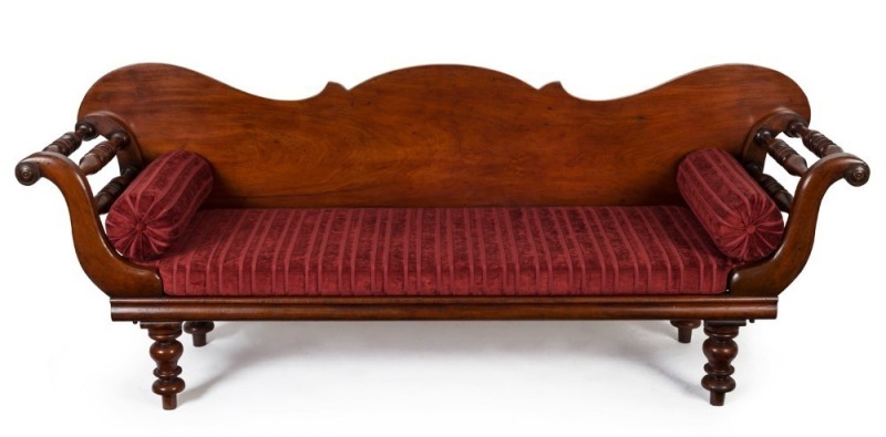 A Colonial Australian cedar miner's settee by DAVID MACKENZIE, Sydney origin, circa 1850s, bearing remains of paper label on back "D. MACKENZIE, PITT STREET SYDNEY". Note: The label is illustrated in "Australian Furniture" by Fahy & Simpson, page 86. 88cm