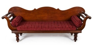 A Colonial Australian cedar miner's settee by DAVID MACKENZIE, Sydney origin, circa 1850s, bearing remains of paper label on back "D. MACKENZIE, PITT STREET SYDNEY". Note: The label is illustrated in "Australian Furniture" by Fahy & Simpson, page 86. 88cm