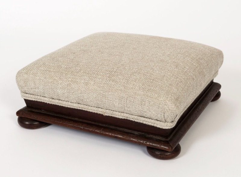 An antique footstool with grey upholstery, 19th century, ​​​​​​​15cm high, 35cm wide, 35cm deep