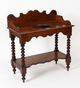 An antique Australian cedar washstand with bobbin turned legs and moustache profile back and shelf, Barossa Valley, South Australian origin, circa 1870, ​​​​​​​96cm high, 91cm wide, 46cm deep