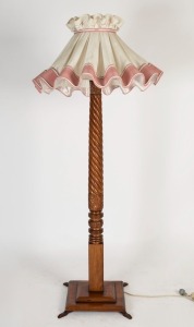 An Australian cedar barley twist standard lamp with shade,  repurposed from an antique four poster bed,  178cm high overall