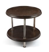 An Art Deco bakelite and metal two tiered occasional table, circa 1935, note pitting to chrome,&nbsp; 37cm high, 51cm diameter