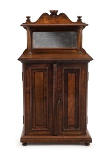 An antique apprentice cabinet chiffonier, walnut and pine, 19th century, interior fitted with four drawers with whalebone handles, 39cm high, 21cm wide, 14cm deep
