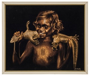 Three vintage aboriginal portraits painted on black velvet, mid 20th century, two signed "Martinus", the other "Joy Bakewell",  the child with goanna 45cm x 52cm overall